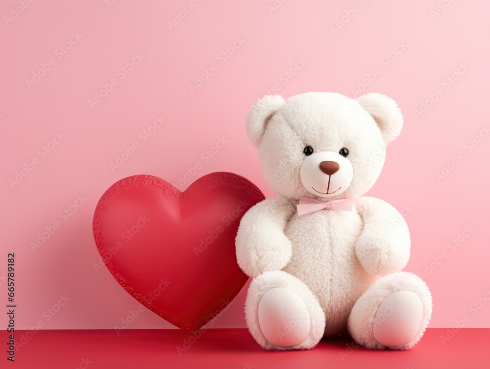 Valentines Day big Teddy bear with a red heart in pink background Valentines Day big Teddy bear with a red heart in pink background
