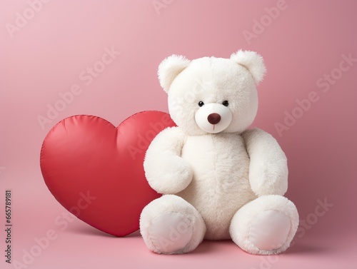 Valentines Day big Teddy bear with a red heart in pink background  © Amir
