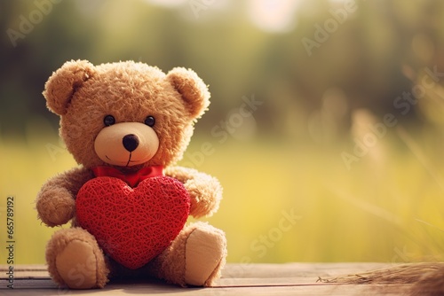Teddy bear holding red heart feeling all lovey dovey photo