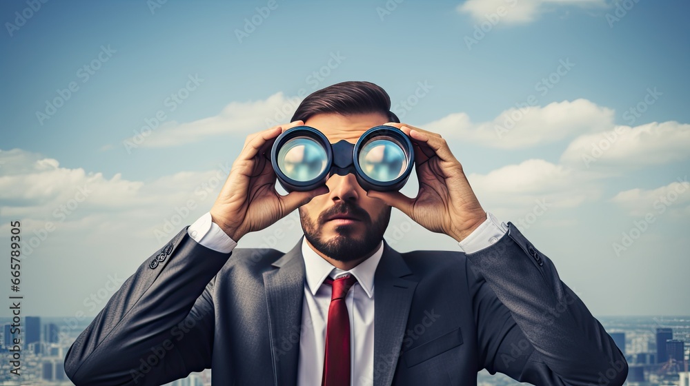 A man in a suit looks through binoculars. A businessman is keeping watch. Concept of looking for opportunity, job, success, etc. Illustration for cover, interior design, banner, brochure, presentation A man in a suit looks through binoculars. A businessman is keeping watch. Concept of looking for opportunity, job, success, etc. Illustration for cover, interior design, banner, brochure, presentation