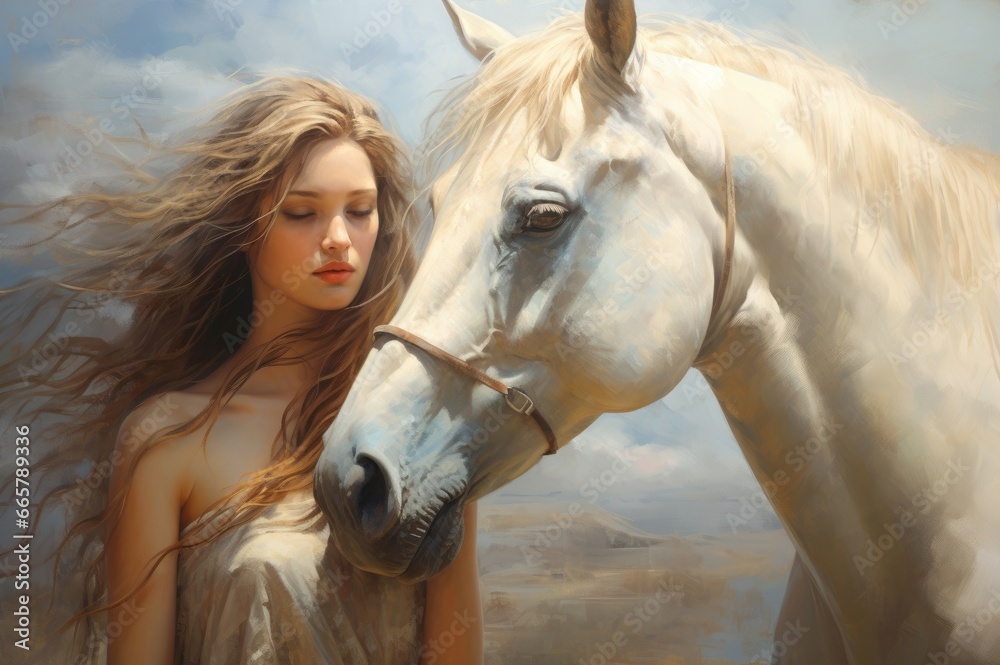 Obraz premium Brave Girl rider take horse. Pretty female. Fictional person. Generate Ai