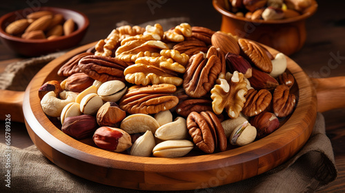 Dry fruits and nuts in a wooden bowl