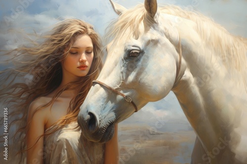 Brave Girl rider take horse. Pretty female. Fictional person. Generate Ai