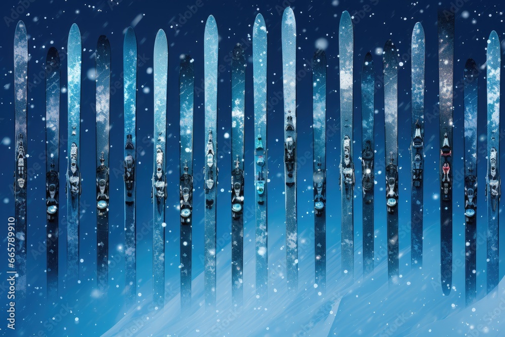 Snow-covered skis against the background of mountains and snow. Concept of winter, winter activities, sports