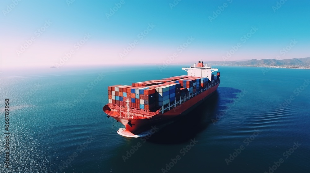 Drone View of A front of Container Ship in the Vast Ocean with Blue Sky
