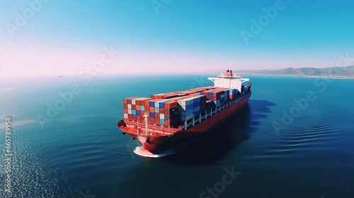 Drone View of A front of Container Ship in the Vast Ocean with Blue Sky 