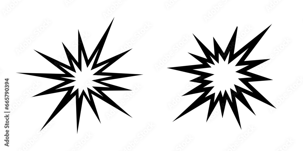 Set of two explosion icon. Bang graphic elements for icon, symbol or sign isolated on white background. Concept of war, conflict or military. Illustration black and white explosion signs. Vector - obrazy, fototapety, plakaty 