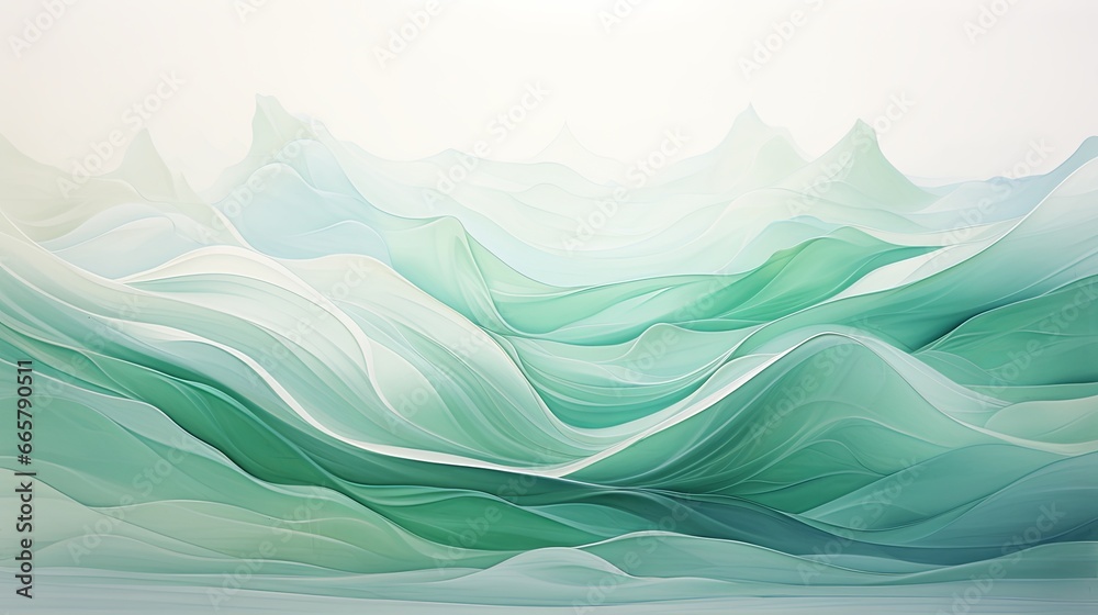 Abstract background with green waves and landscape painting