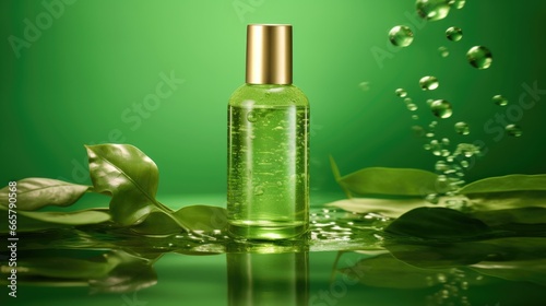 Bottle of green skin care product, light and airy. Floating plants, water ripples, clean background