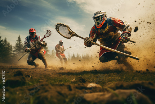 Athletes play the lacrosse game photo