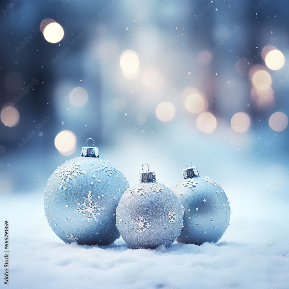 Blue Christmas ball on snow with decoration on shiny Blue Christmas ball on snow with decoration on shiny