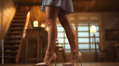 Close-up of a woman's legs wearing pink high heels, walking over a wooden parquet floor