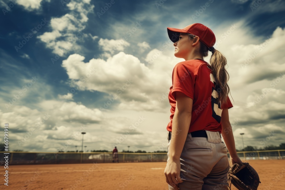 Female athletes playing softball - obrazy, fototapety, plakaty 