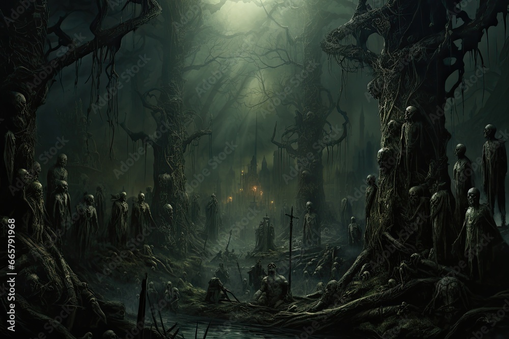Mystical forest and sacrifice to the gods - obrazy, fototapety, plakaty 