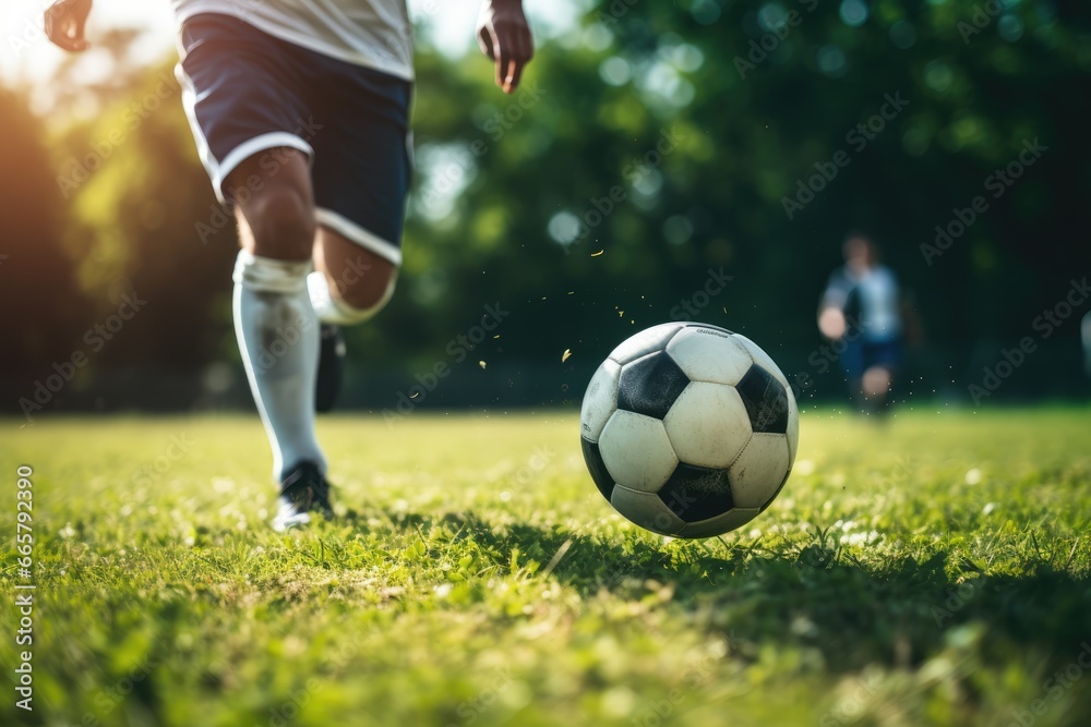 A soccer player hits a soccer ball during a game. near. Summer, summer sports A soccer player hits a soccer ball during a game. near. Summer, summer sports