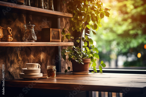 wood table on blur of café, coffee shop, background still life with candles and flowers