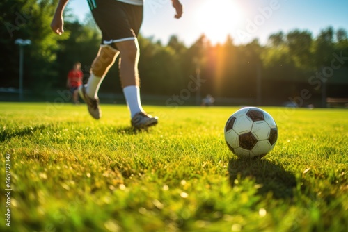 A soccer player hits a soccer ball during a game. near. Summer, summer sports