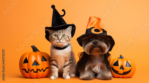 Dog and cat, wearing halloween costume. Orange Background. Halloween Theme © rhuan