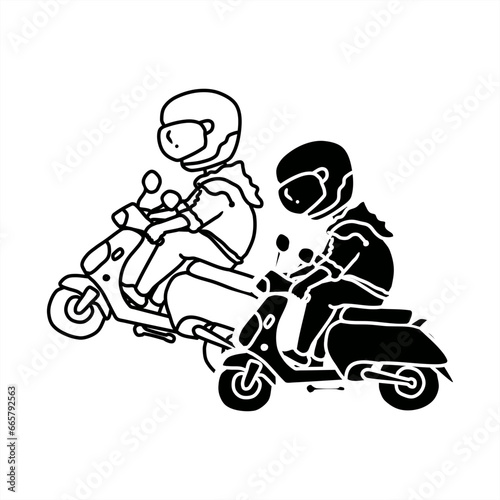 Silhouette and line art illustration of a motorcyclist running side by side with one doing a wheelie for an icon or logo