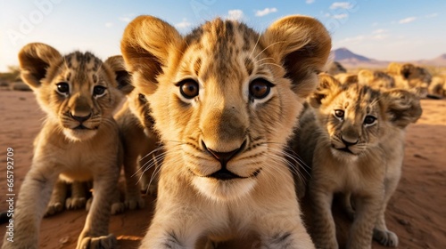 Group of young small teenage lions curiously looking straight into the camera in the desert