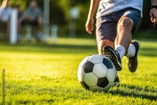 A soccer player hits a soccer ball during a game. near. Summer, summer sports