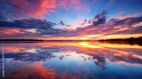 Vibrant sunset over a serene lake  with colorful reflections shimmering on the water 