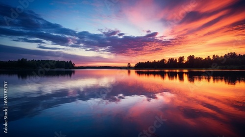 Vibrant sunset over a serene lake, with colorful reflections shimmering on the water 