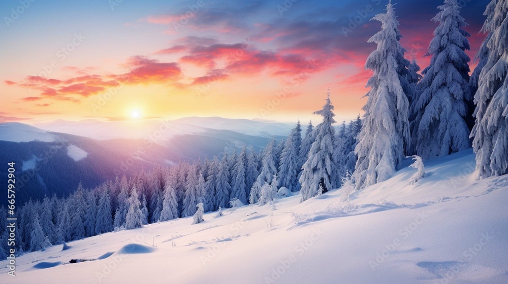 Impressive winter morning in Carpathian mountains with snow covered fir trees. Colorful outdoor scene
