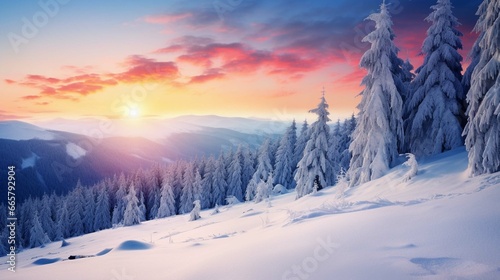 Impressive winter morning in Carpathian mountains with snow covered fir trees. Colorful outdoor scene © Ahtesham