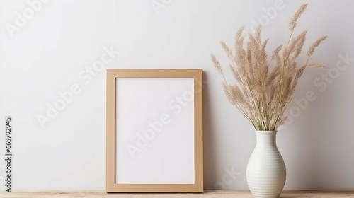 Vertical wooden picture frame, poster mockup in the corner. Wooden table, desk. Modern organic shaped vase. 