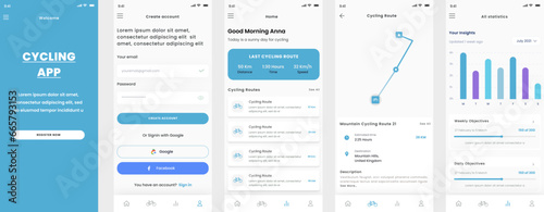 Cycling Routes, Bicycle and Bike Tracker, Sport Statistics Mobile App UI Kit Template