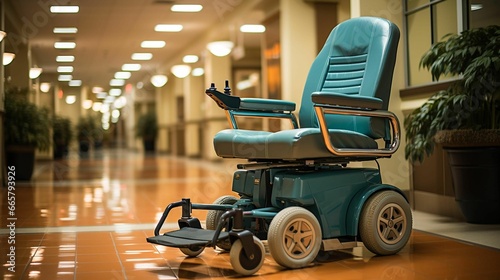 Blue electric powered wheelchair in a hallway, with its occupant absent, AI-generated. photo