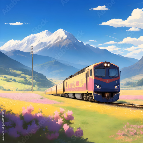 Locomotive on the background of the mountains. Vector illustration.