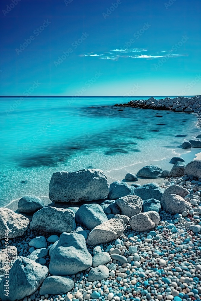 Sea waves washing up beach pebbles. Beautiful bay with rocks