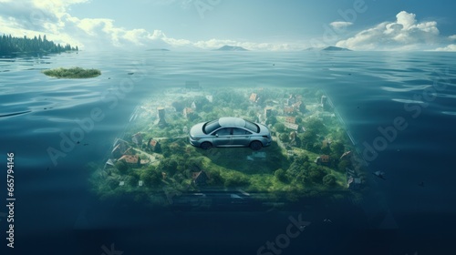 A car parked on a calm lake, below the surface of the lake is a real city