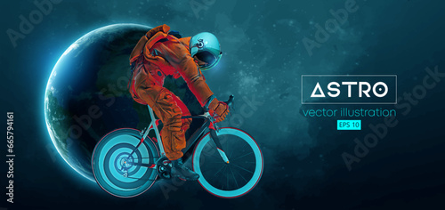 Abstract silhouette of a road bike racer, astronaut is riding on sport bicycle in space action and Earth, Mars, planets on the background of the space. Cycling sport transport. Vector illustration