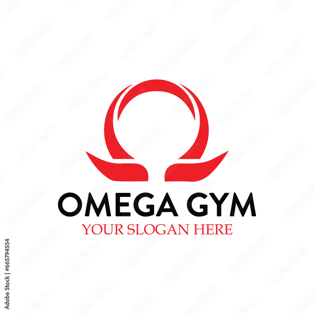 omega gym barbell logo design vector