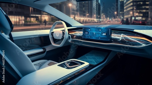 Concept car driving autonomusly on street cockpit