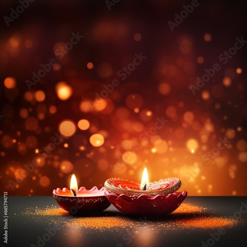 Diwali background with copy space. A lit candle on a wooden table, with a blurred bokeh background of lights. Perfect for advertising, banners, and social media posts.