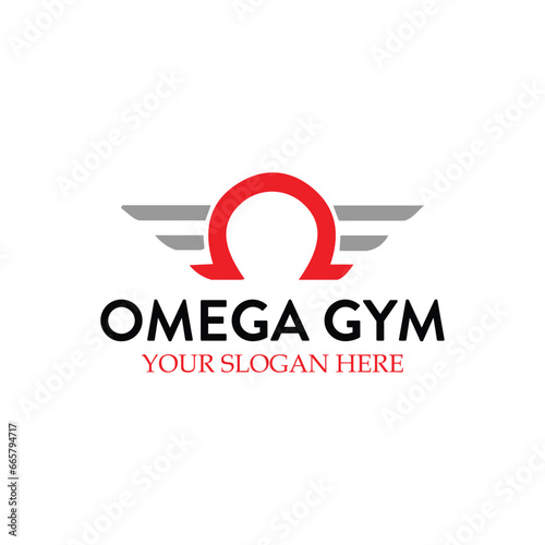 omega gym barbell logo design vector