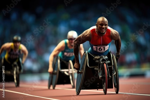 A light athlete in a wheelchair participates in a competition. summer sport, Paralympic Games, AI generated