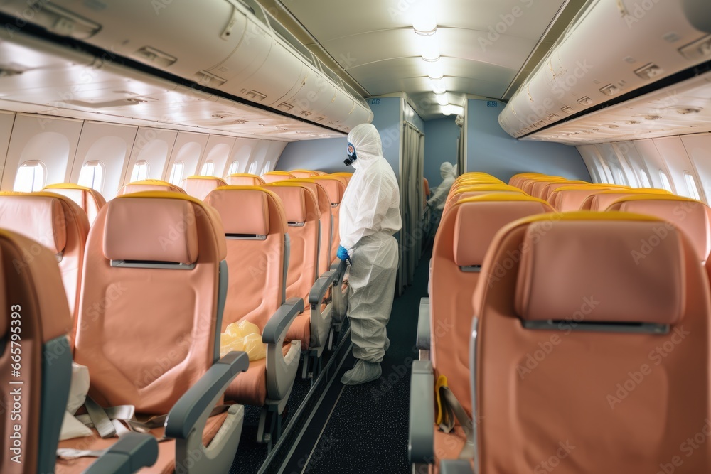 person in a protective suit conducts disinfection in the cabin of a passenger plane