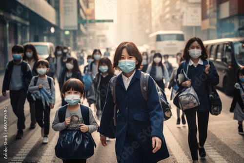 asian children in masks walking to school during the coronavirus pandemic, blurred street background