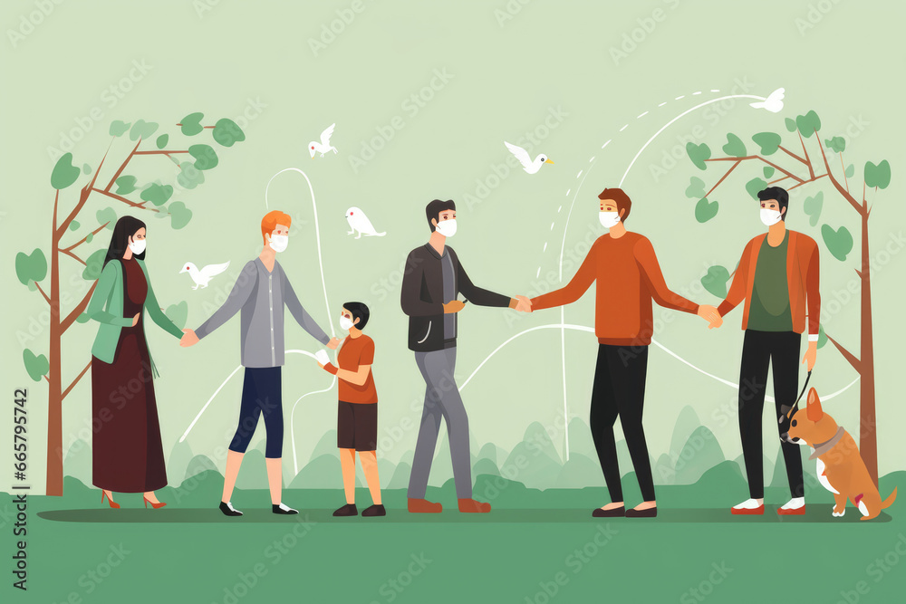 illustration of people in masks holding hands on green background. fighting coronavirus together concept - obrazy, fototapety, plakaty 