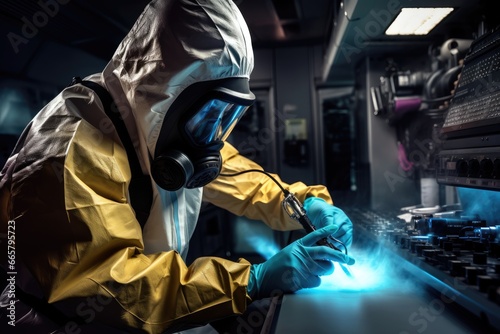 Specialist in hazmat suit disinfects surface with ultraviolet light in a laboratory, blurred background