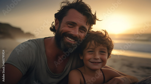 A portrait of a loving father and his little boy in beach at sunset, happy father and son, father and son family bonding © Colour Graphics