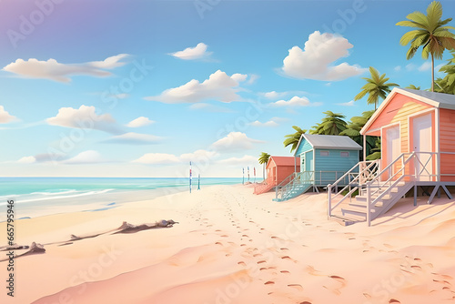 Beach Stroll by Blue and Pink Cottage, Beach Walk, Colorful Beach House, Coastal Scene, Blue and Pink Cottage, Seaside Landscape, Sandy Beach Path, Palm Trees and Cottages © Shift Active