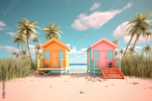 Sunny Beach Retreat: Yellow and Pink Wooden Cottage, Beach Cottage, Colorful Wooden House, Seaside Haven, Yellow and Pink Beach Cabin, Coastal Getaway, Sunny Beach Day, Oceanfront Retreat