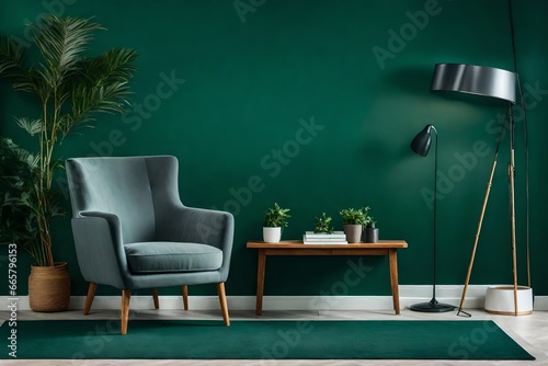 Living room with green armchair on empty dark green wall background