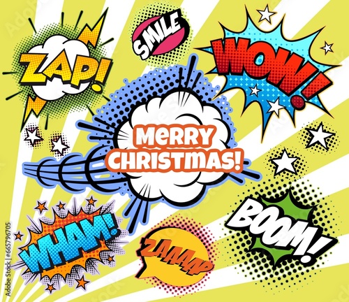 Merry Christmas illustration with comics elements. Retro, vintage style. holiday card.